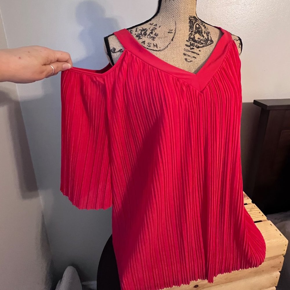 Crinkle Orange/Red Open Shoulder Top by The Limited